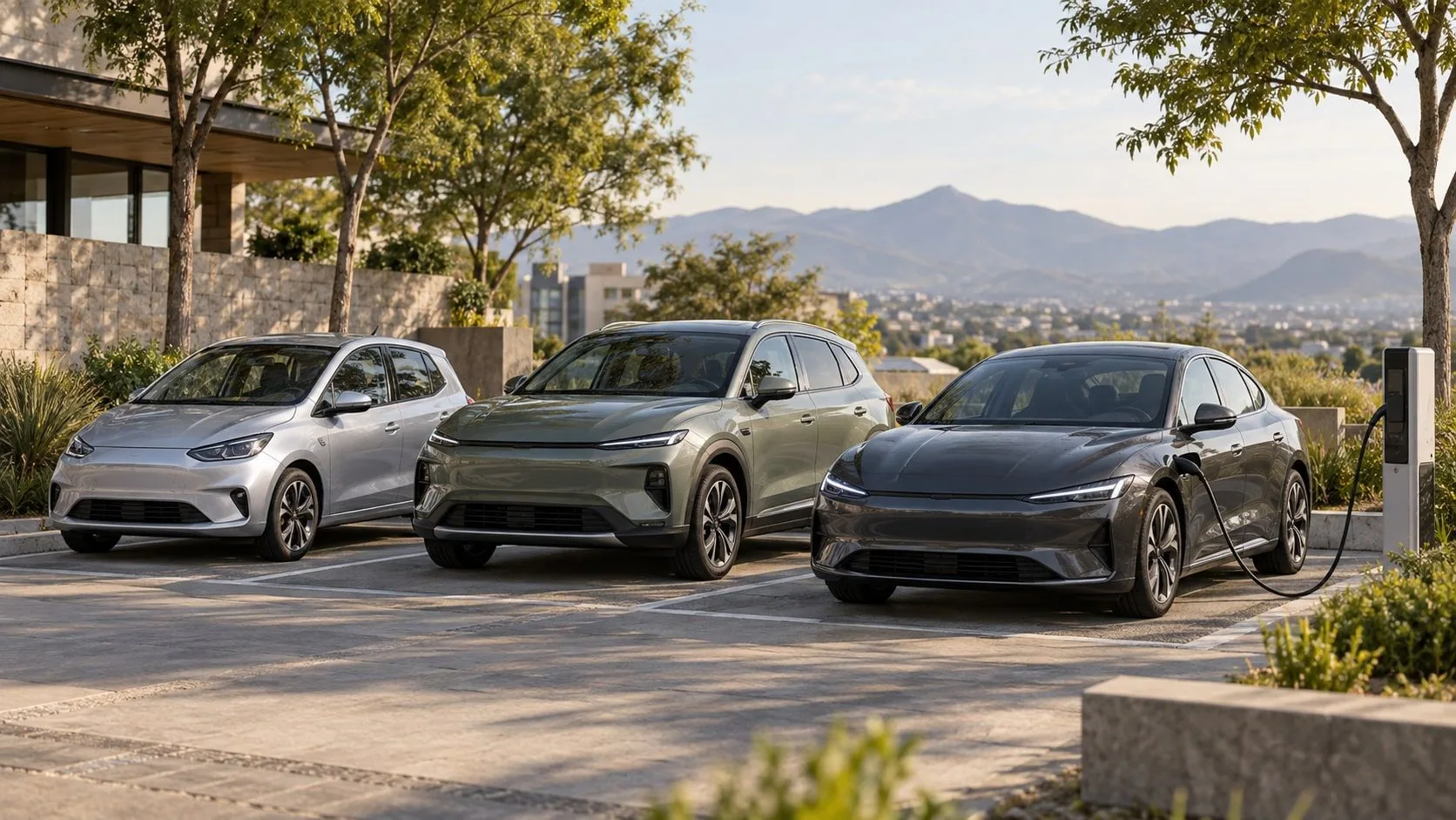 Tres automóviles estacionados al aire libre, uno conectado a una estación, como ilustración de opciones de movilidad electrificada.