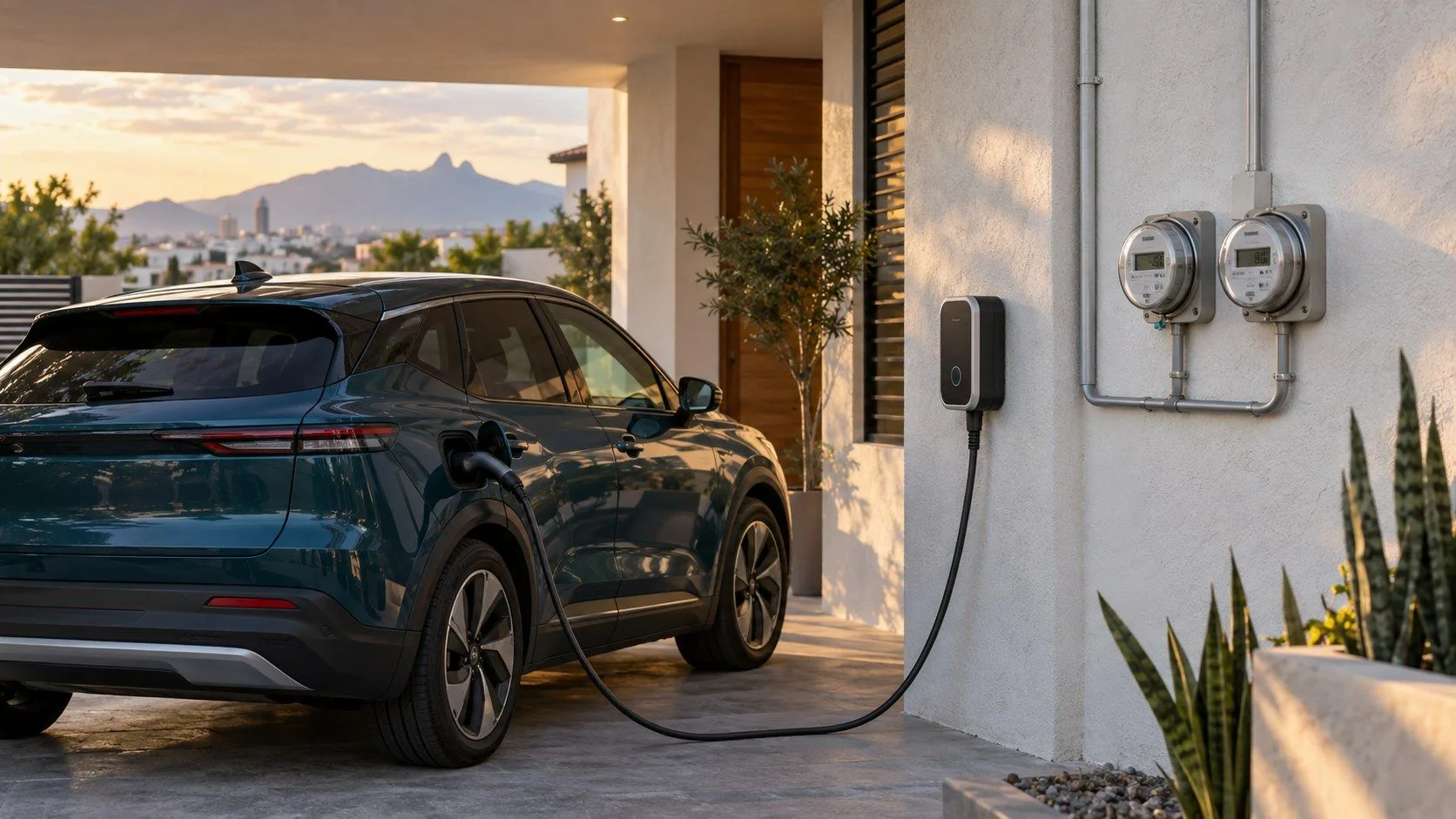 Auto eléctrico conectado a un cargador residencial junto a dos medidores de electricidad.
