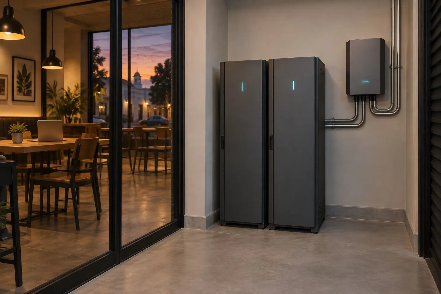 Dos gabinetes de almacenamiento de baterías y un equipo de control en un área de servicio separada de una cafetería iluminada.