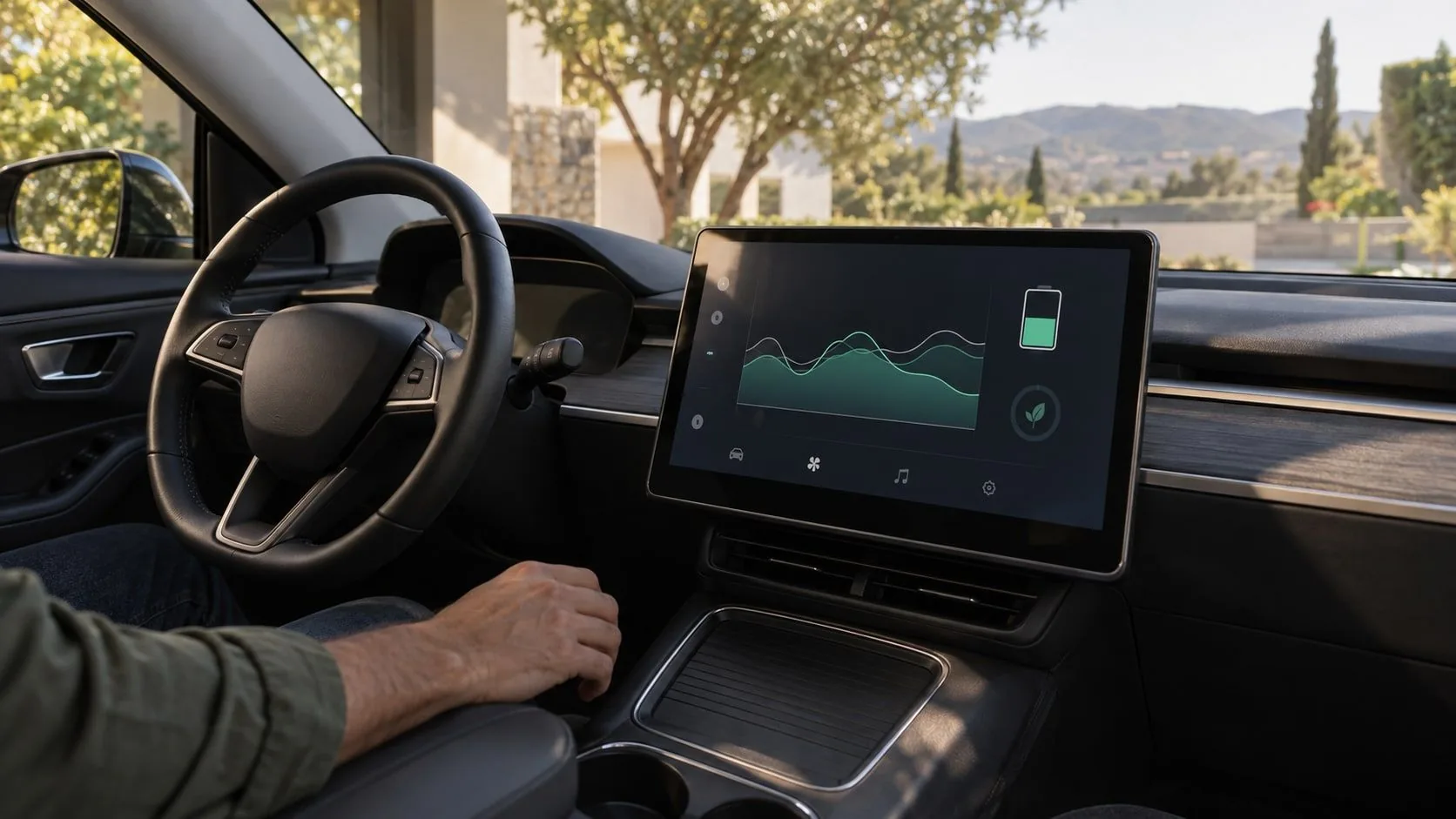 Interior de un auto eléctrico estacionado con una pantalla de consumo y un indicador de batería.
