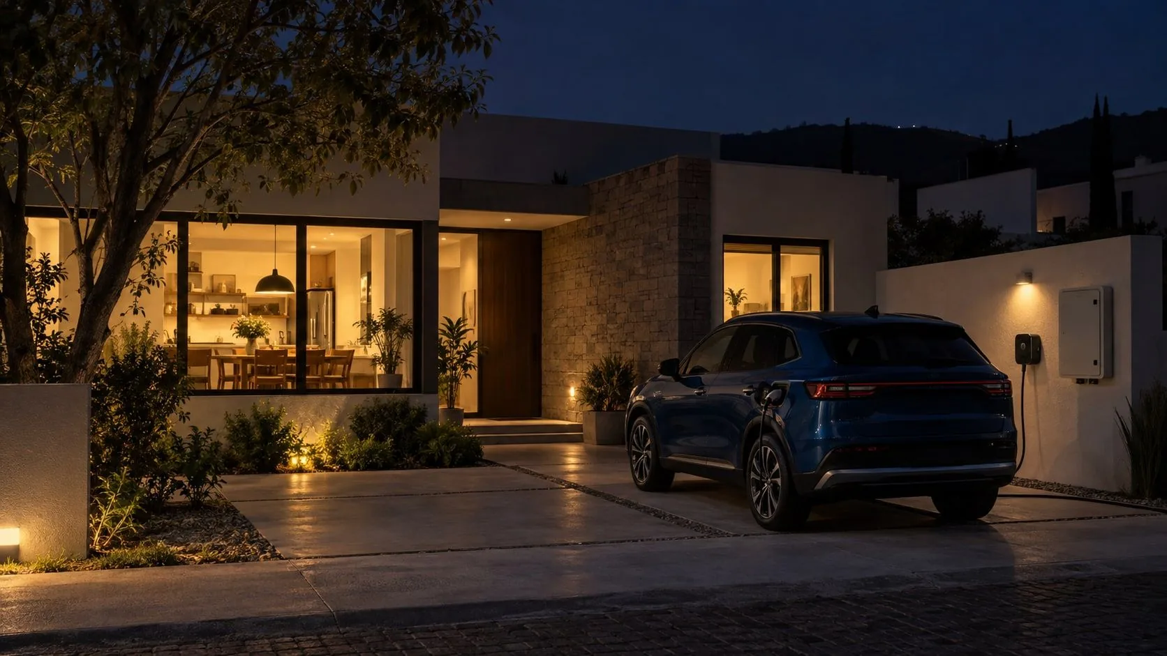 Vivienda iluminada de noche con un auto eléctrico conectado a equipo de pared, ilustrando el concepto de respaldo V2H.