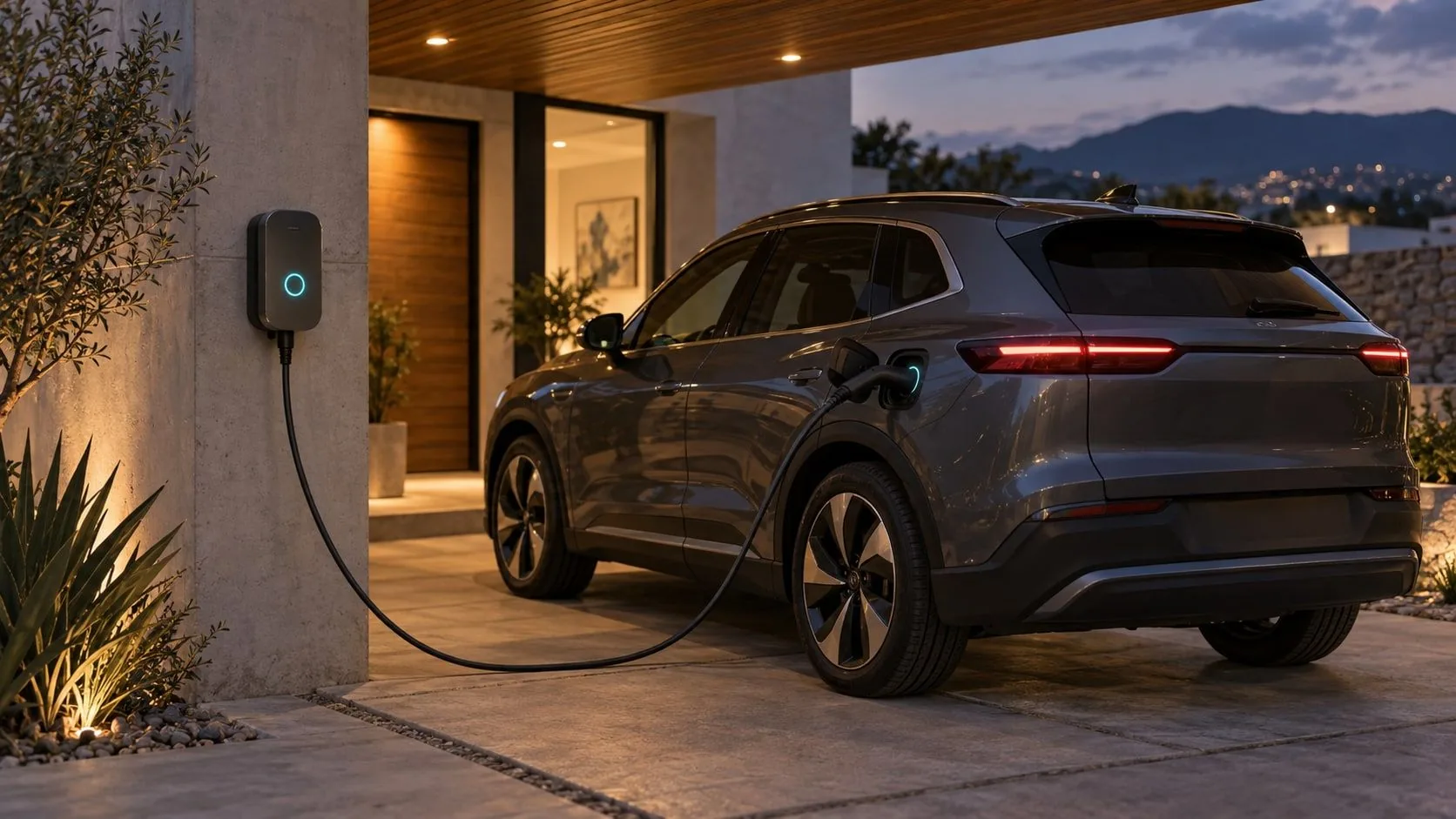 Auto eléctrico conectado a un cargador de pared en la cochera de una vivienda al anochecer.