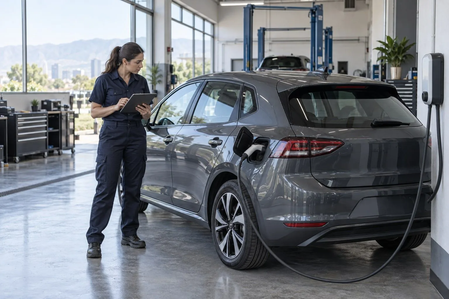 Una especialista con tableta junto a un auto eléctrico gris conectado a un cargador en un taller.