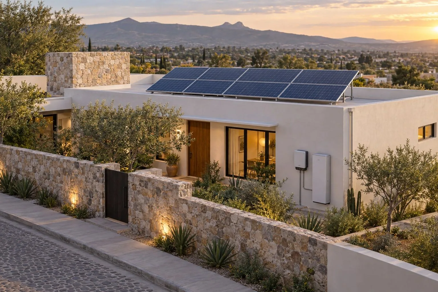 Vivienda contemporánea con paneles solares en la azotea, un inversor y un gabinete de almacenamiento en el muro exterior.