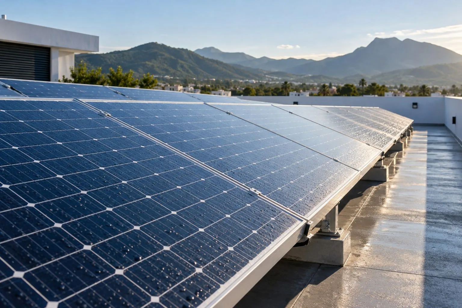 Detalle de paneles solares con gotas de agua en una azotea con pasillo lateral de mantenimiento.