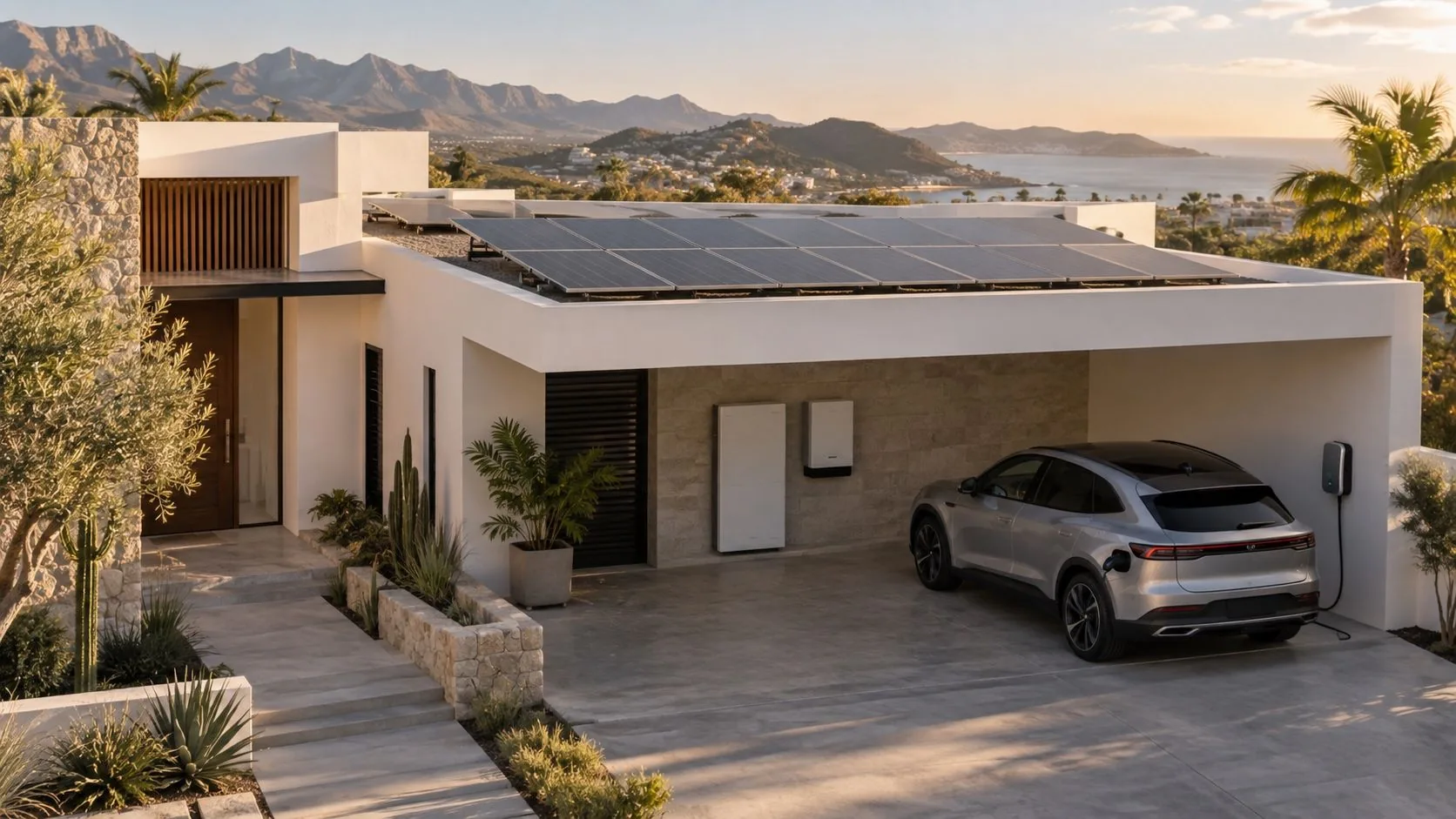 Hogar con paneles solares, batería estacionaria y vehículo eléctrico junto a su cargador
