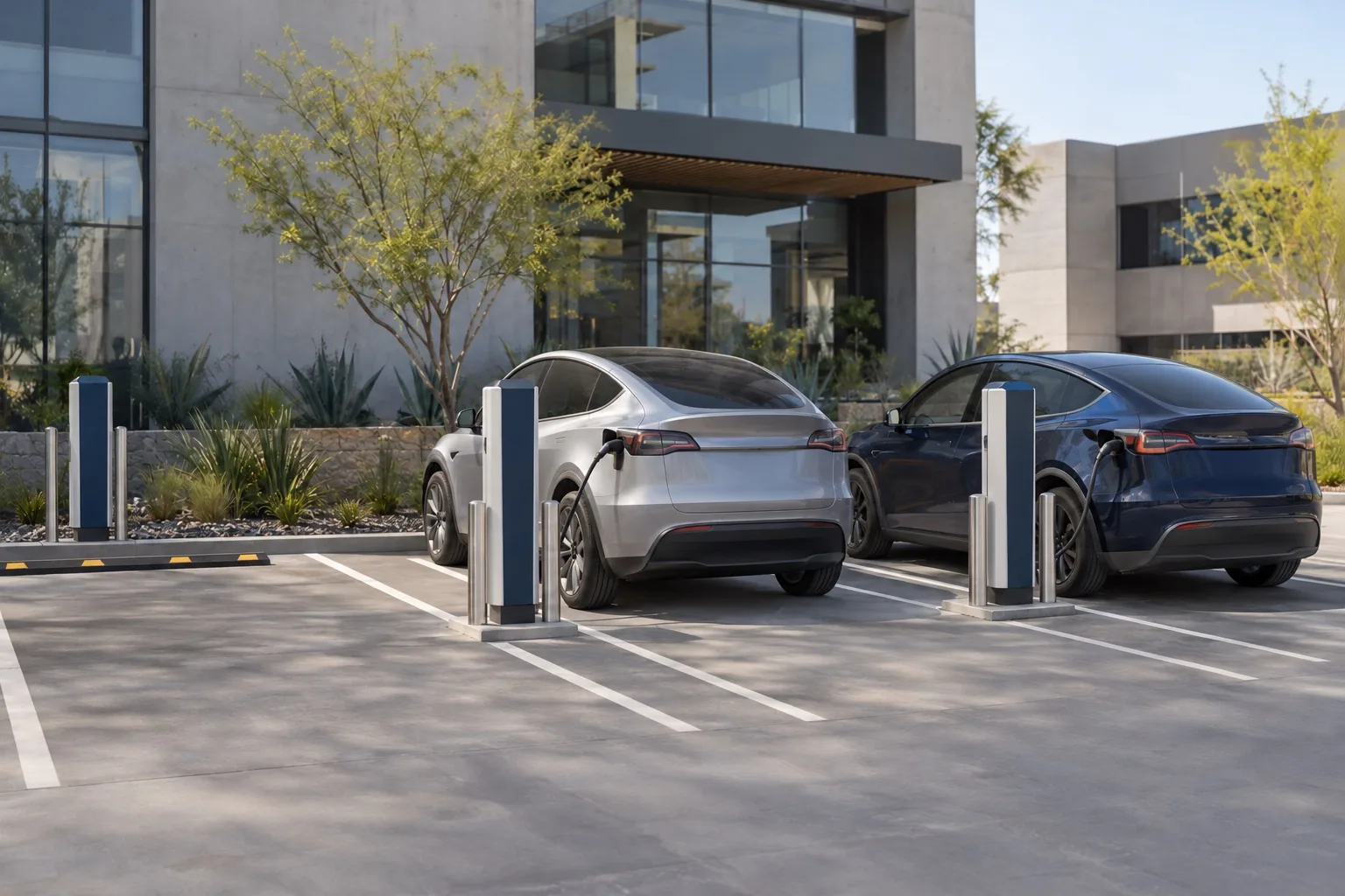 Estacionamiento empresarial con estaciones de carga y vehículos eléctricos conectados