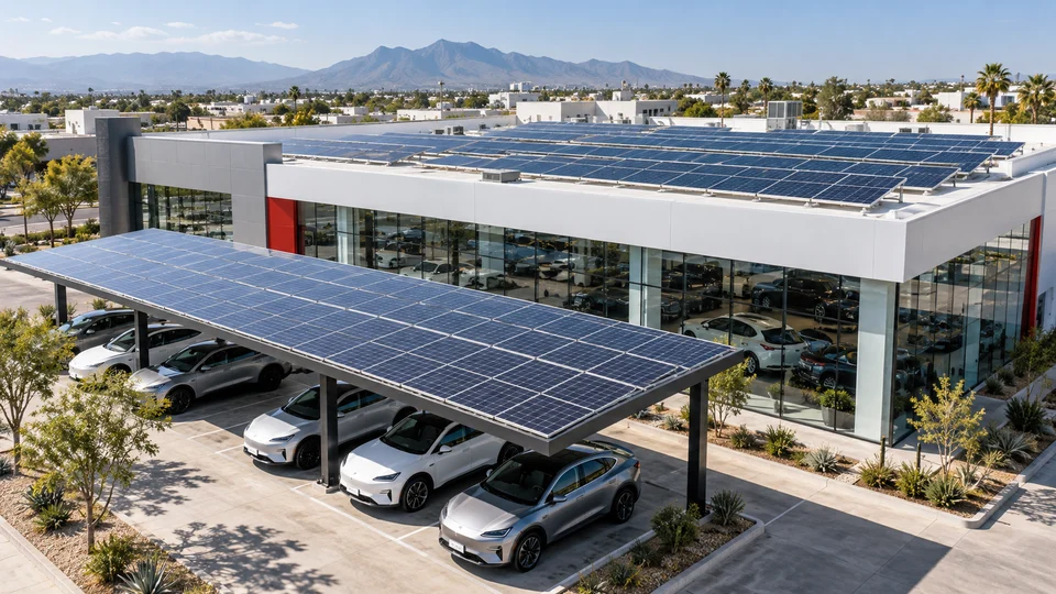 Ilustración de paneles fotovoltaicos en la cubierta de una agencia automotriz