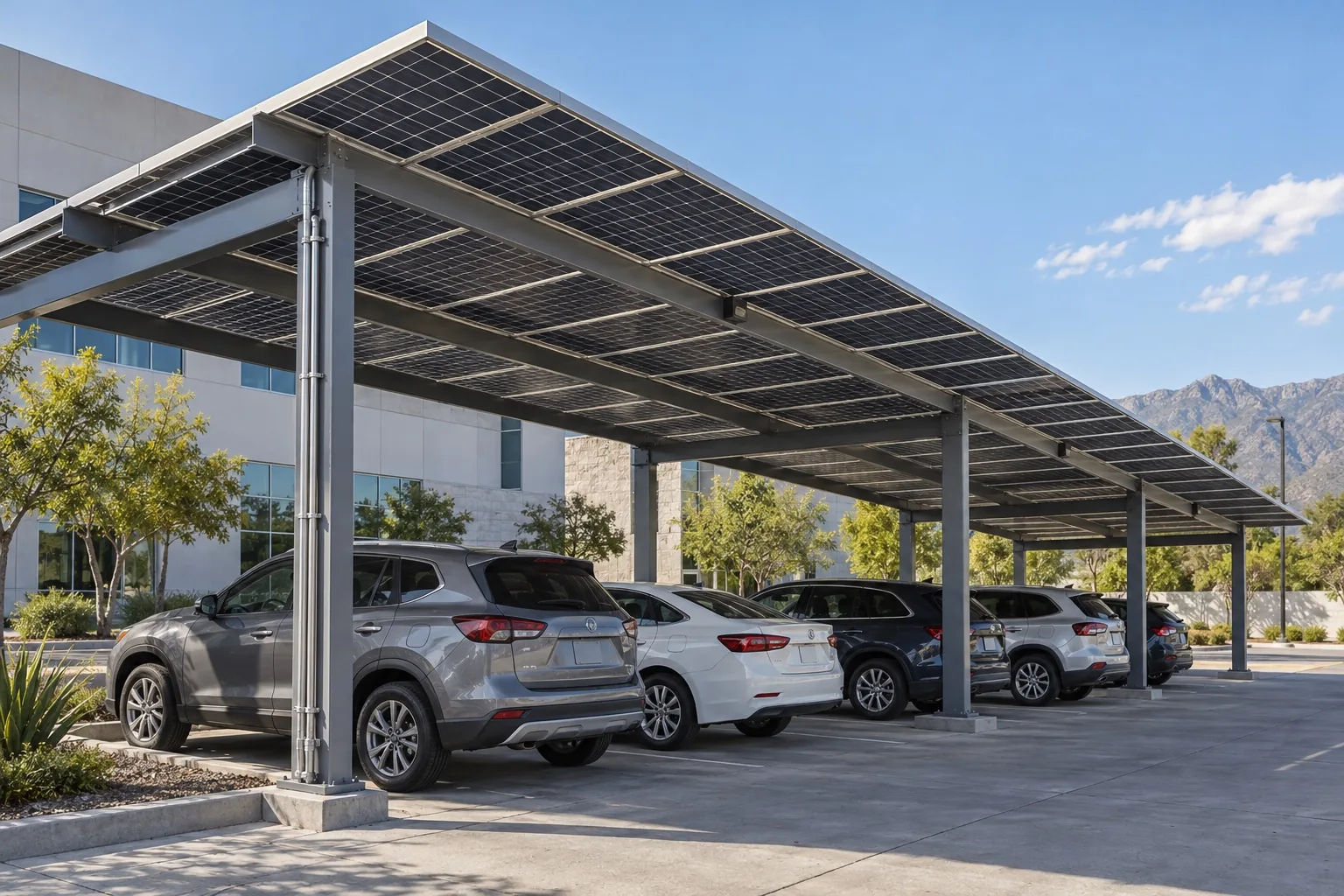Estructura metálica de carport con paneles solares sobre cajones de estacionamiento empresarial