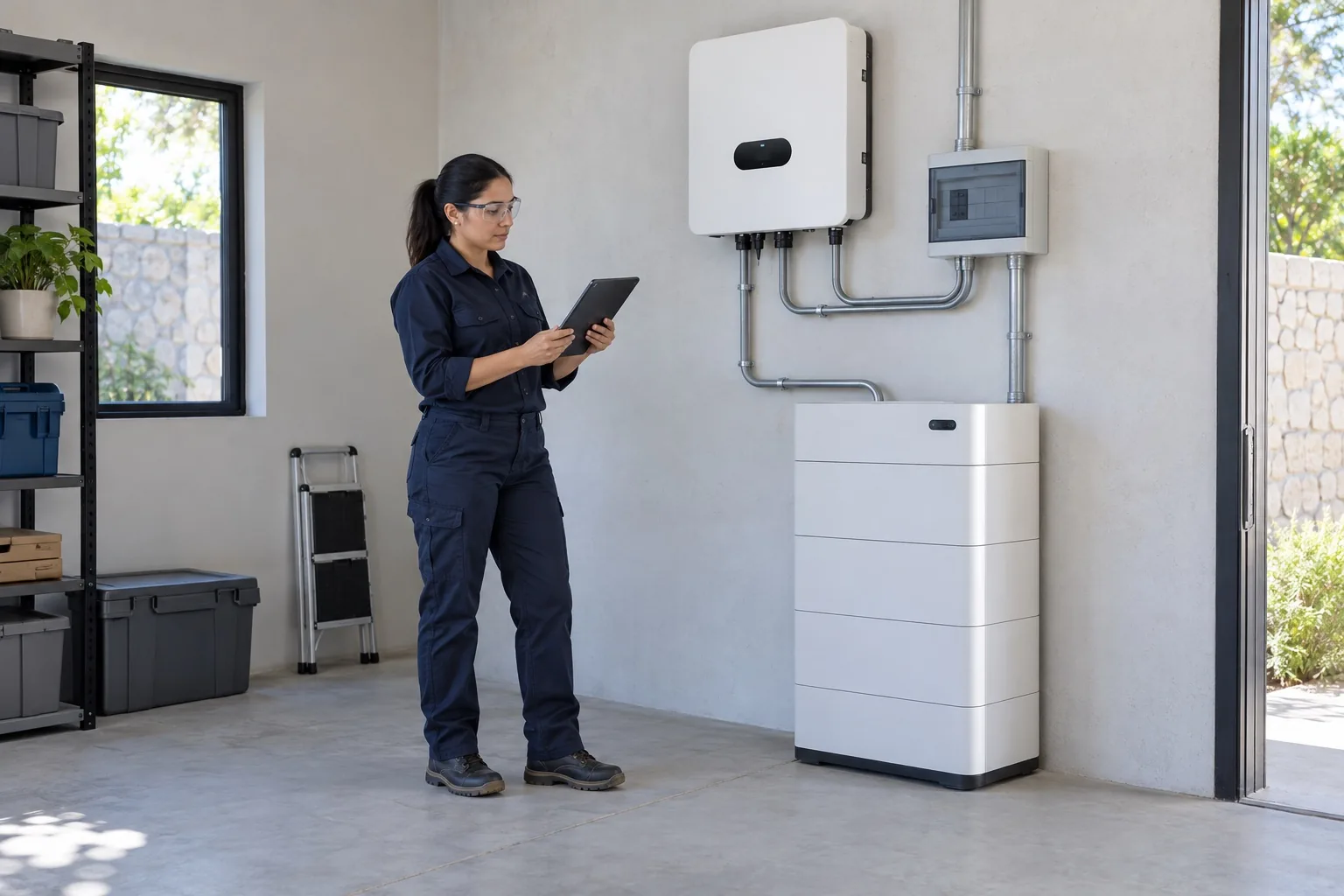 Ingeniera consultando una tableta junto a un inversor y una batería modular con gabinetes cerrados y canalizaciones eléctricas