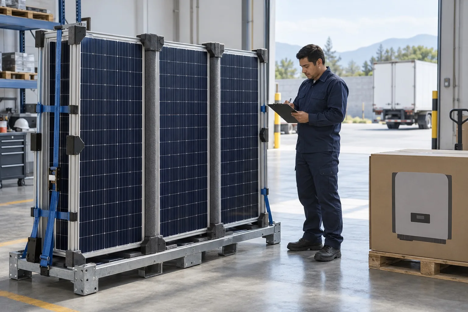 Paneles solares protegidos para su traslado en un taller, junto a un técnico que revisa el inventario