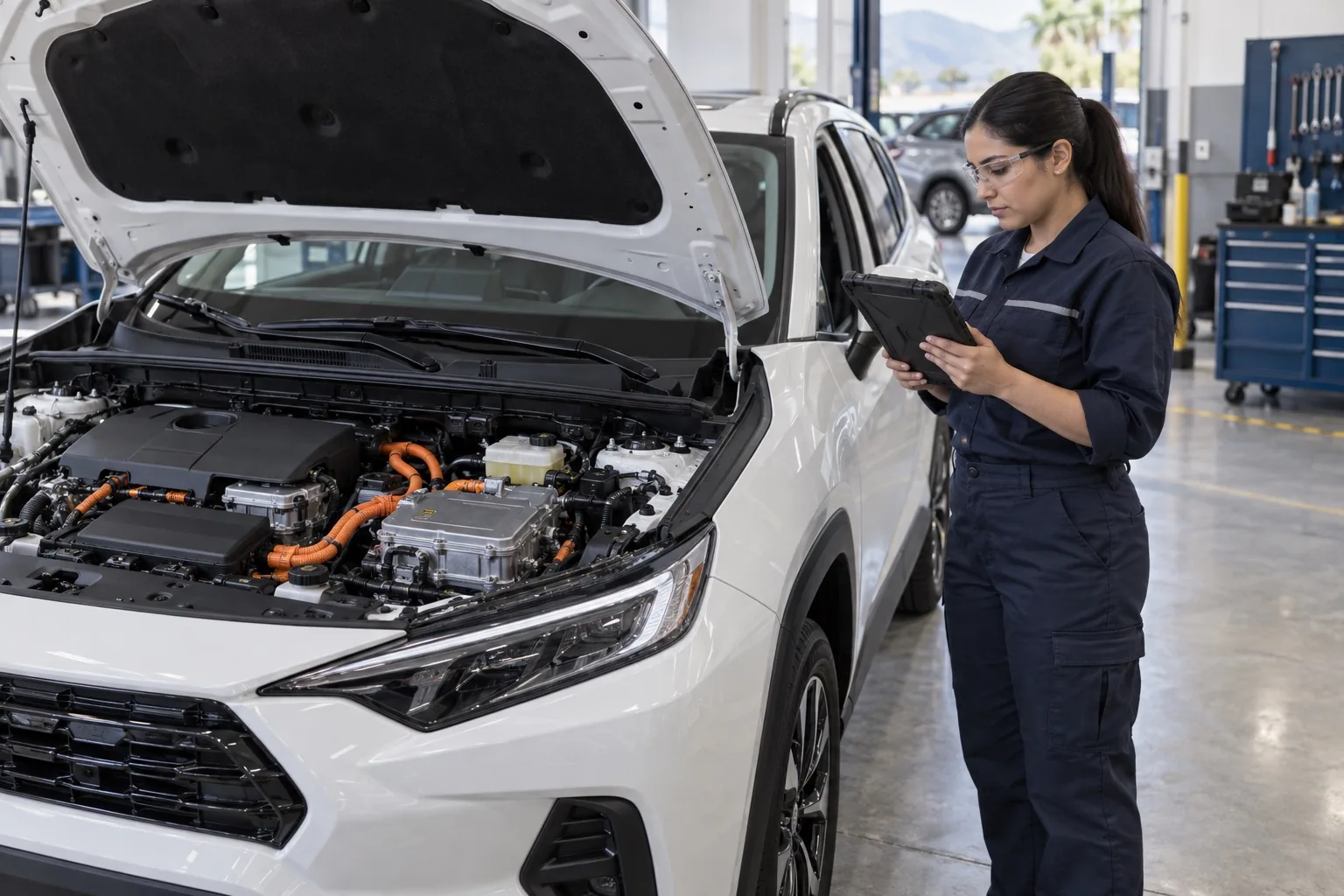 Técnica consultando una tableta junto al compartimento frontal de un híbrido con sus componentes eléctricos cerrados