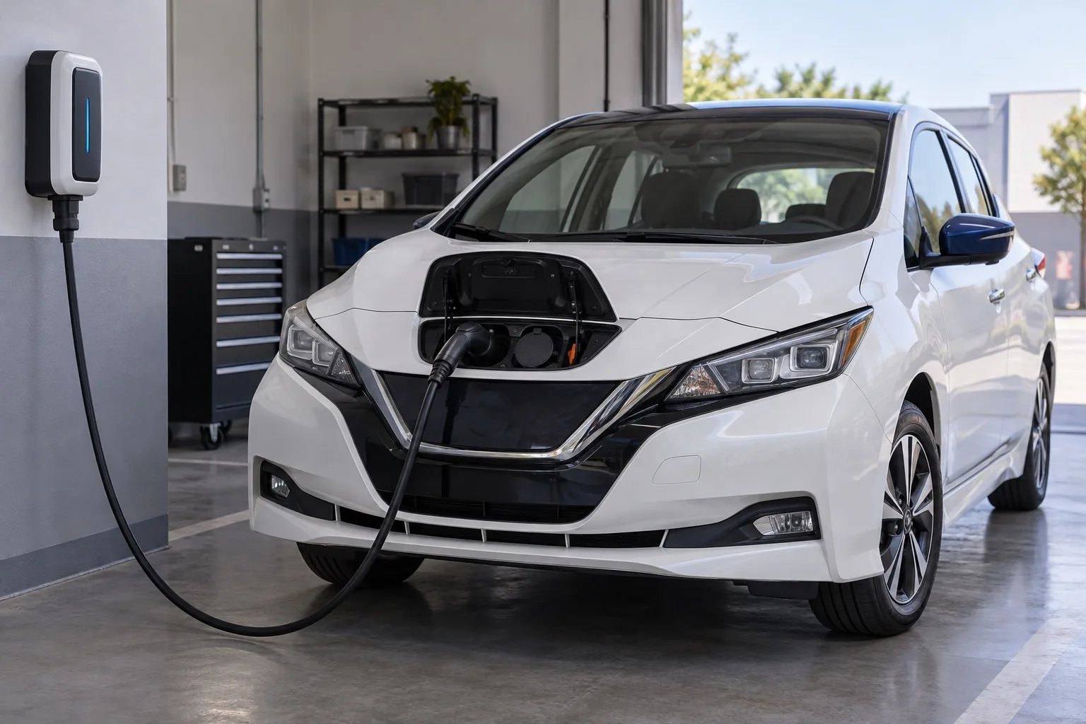 Hatchback eléctrico conectado por su puerto frontal a una estación de carga de pared